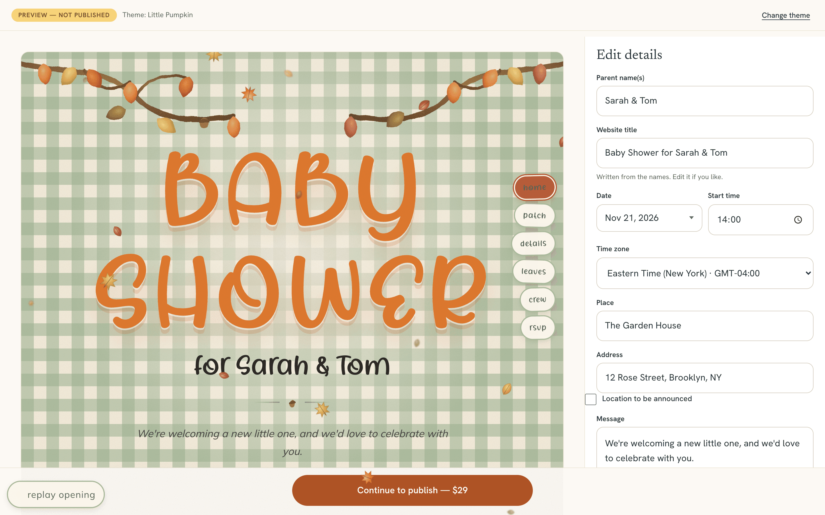 The preview screen: the whole website, marked preview — not published, with an edit panel beside it