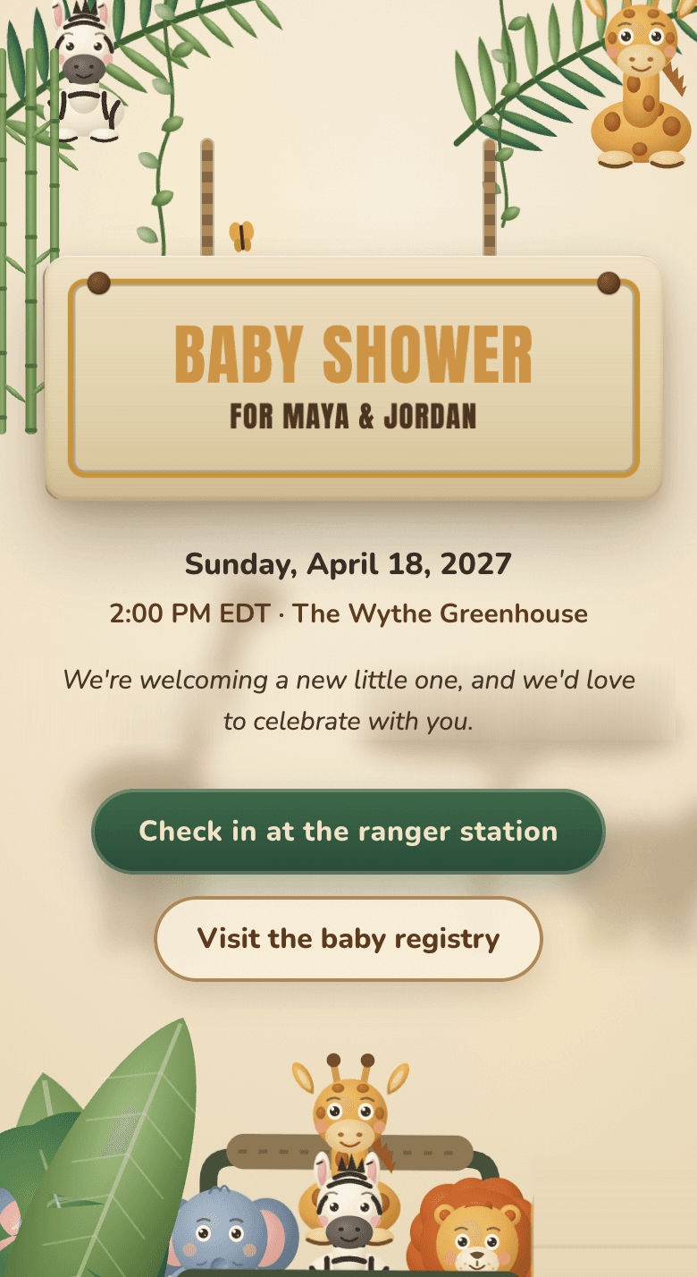 A baby shower website on a phone — Modern Safari