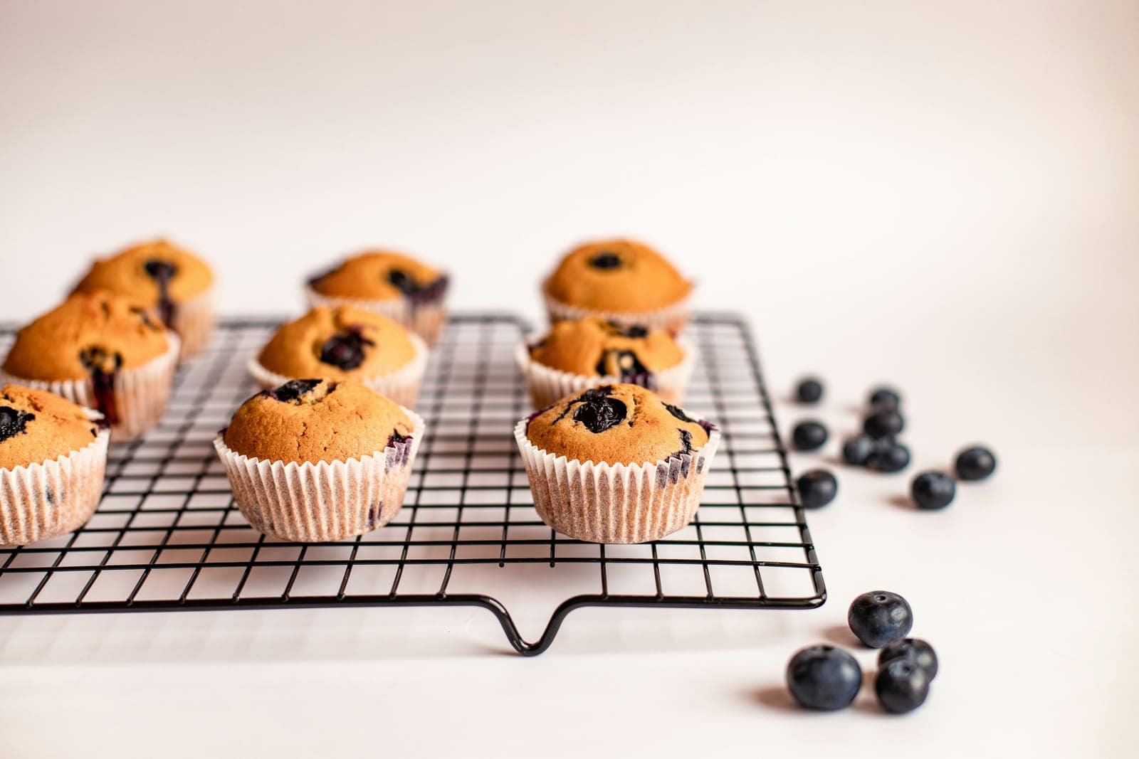 Small blueberry muffins in paper liners cooling on a wire rack, loose blueberries beside them.