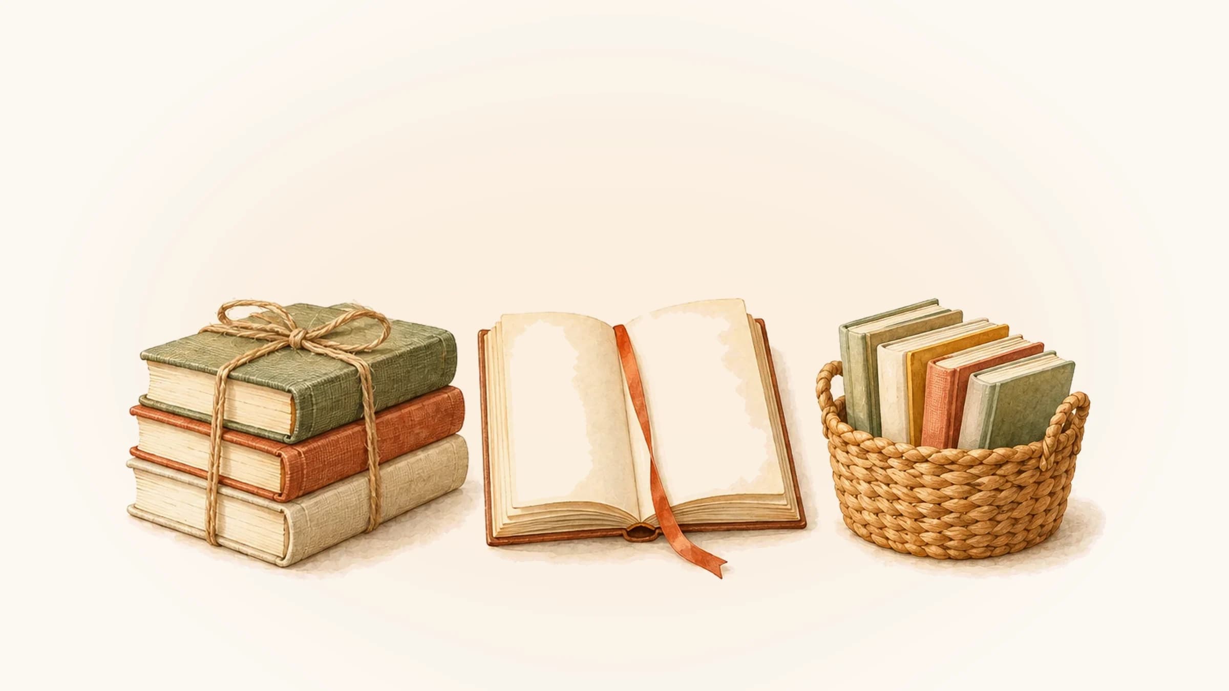 Watercolor stack of books tied with twine, an open book and a basket of board books