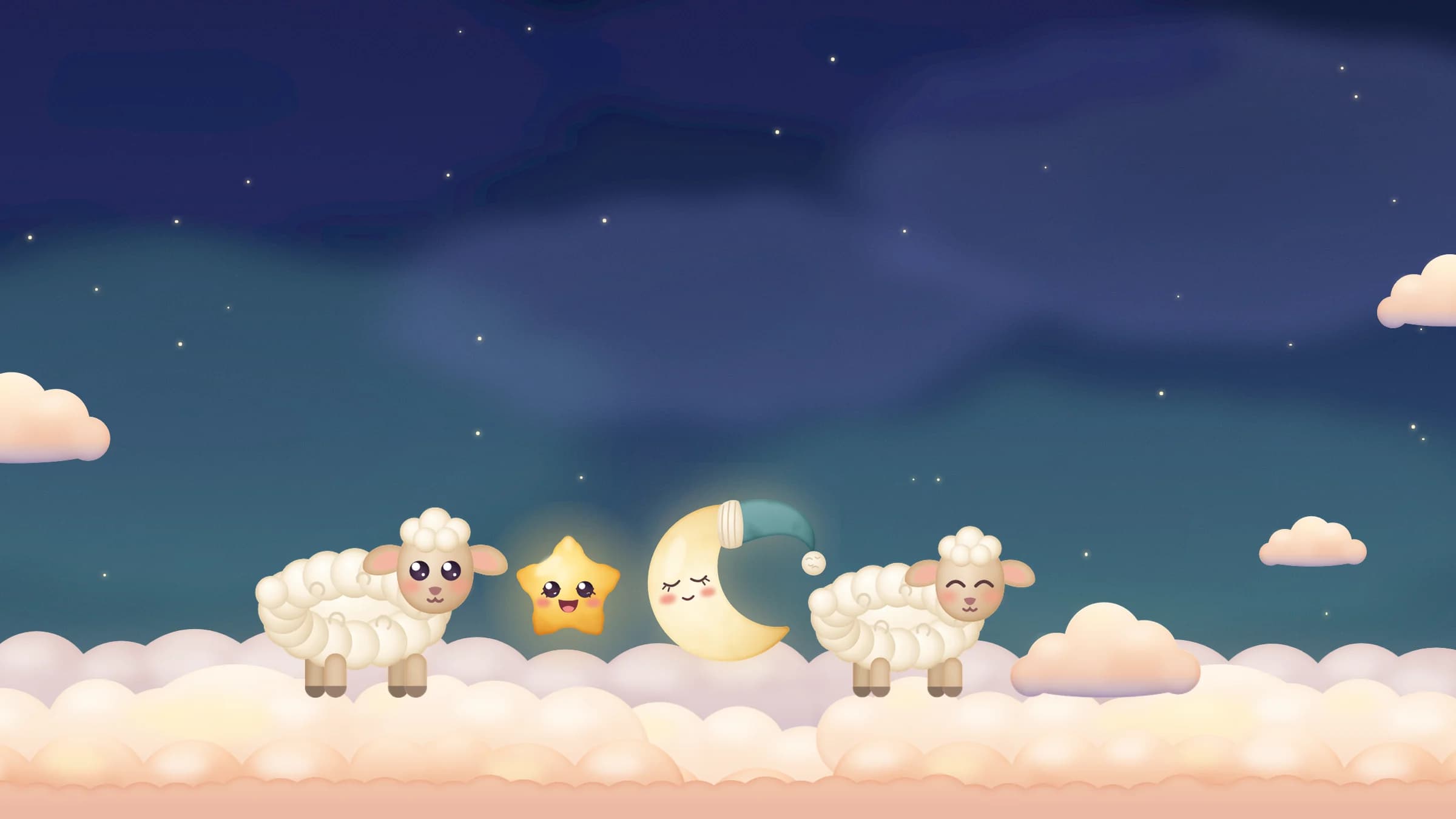 Two lambs, a smiling star and a sleepy moon in a nightcap on clouds under a starry midnight sky, from the Twinkle Little Star theme